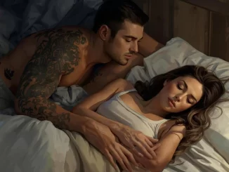 woman pretending to be asleep as her boyfriend leans over her