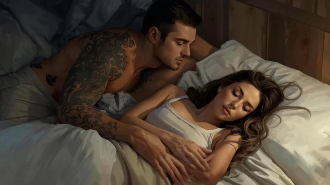 woman pretending to be asleep as her boyfriend leans over her